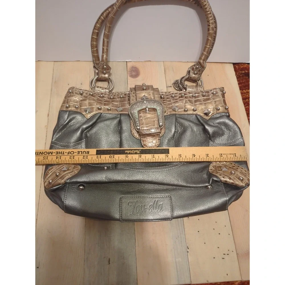 Vtg Y2K Lou-Ella Silver Croc Satchel Bag Studded Buckle Moto Boho slouchy Bling